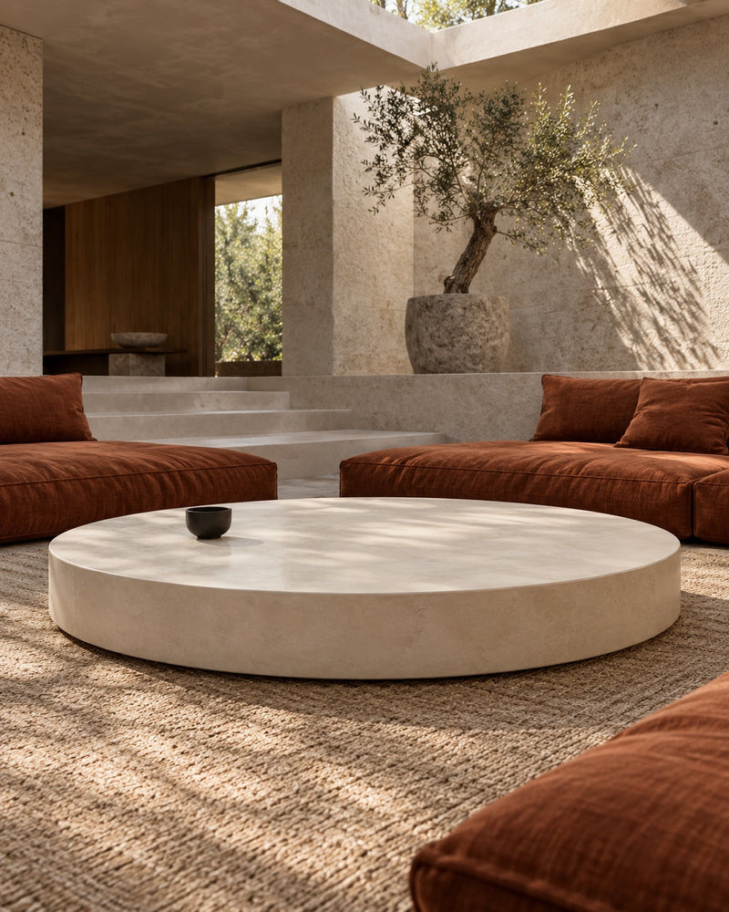 LR-01 Low Round Coffee Table — flat top and straight vertical sides, representative design photo (size not verified)