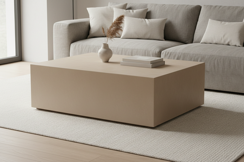 Beige micro cement coffee table in modern minimalist living room