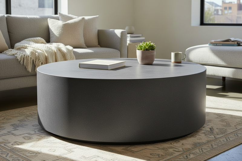 Round micro cement coffee table in Smoke and Stone finish