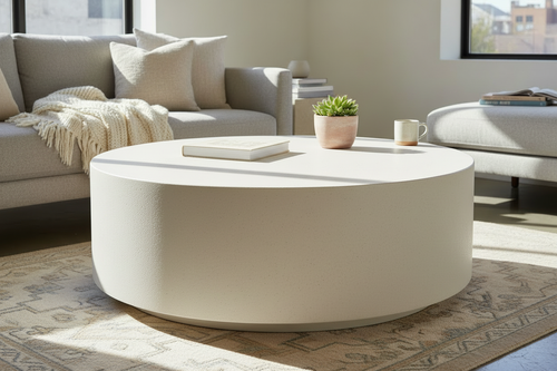 Round micro cement coffee table in Alabaster White finish