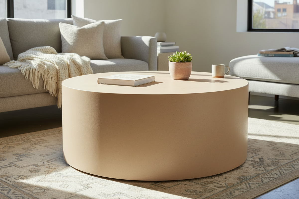 Round micro cement coffee table in Sahara Sand finish