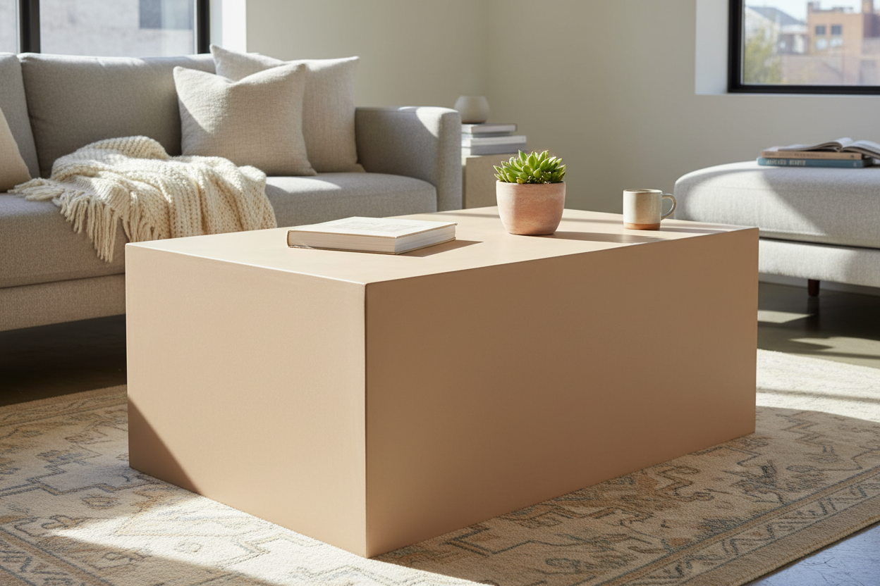 Beige micro cement coffee table styled with book and plant in cozy living room